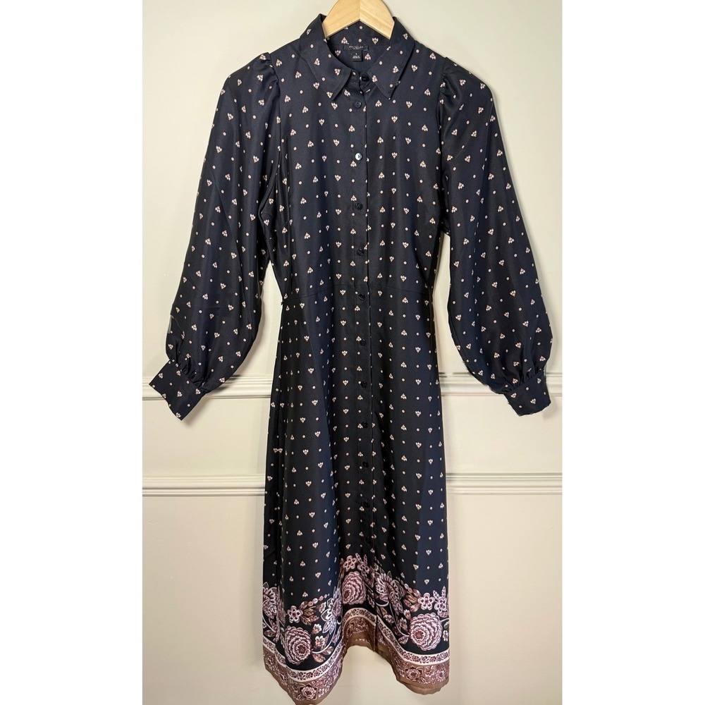Ann Taylor Factory Midi Dress M Black Floral Border Shirt Dress Capsule Wardrobe